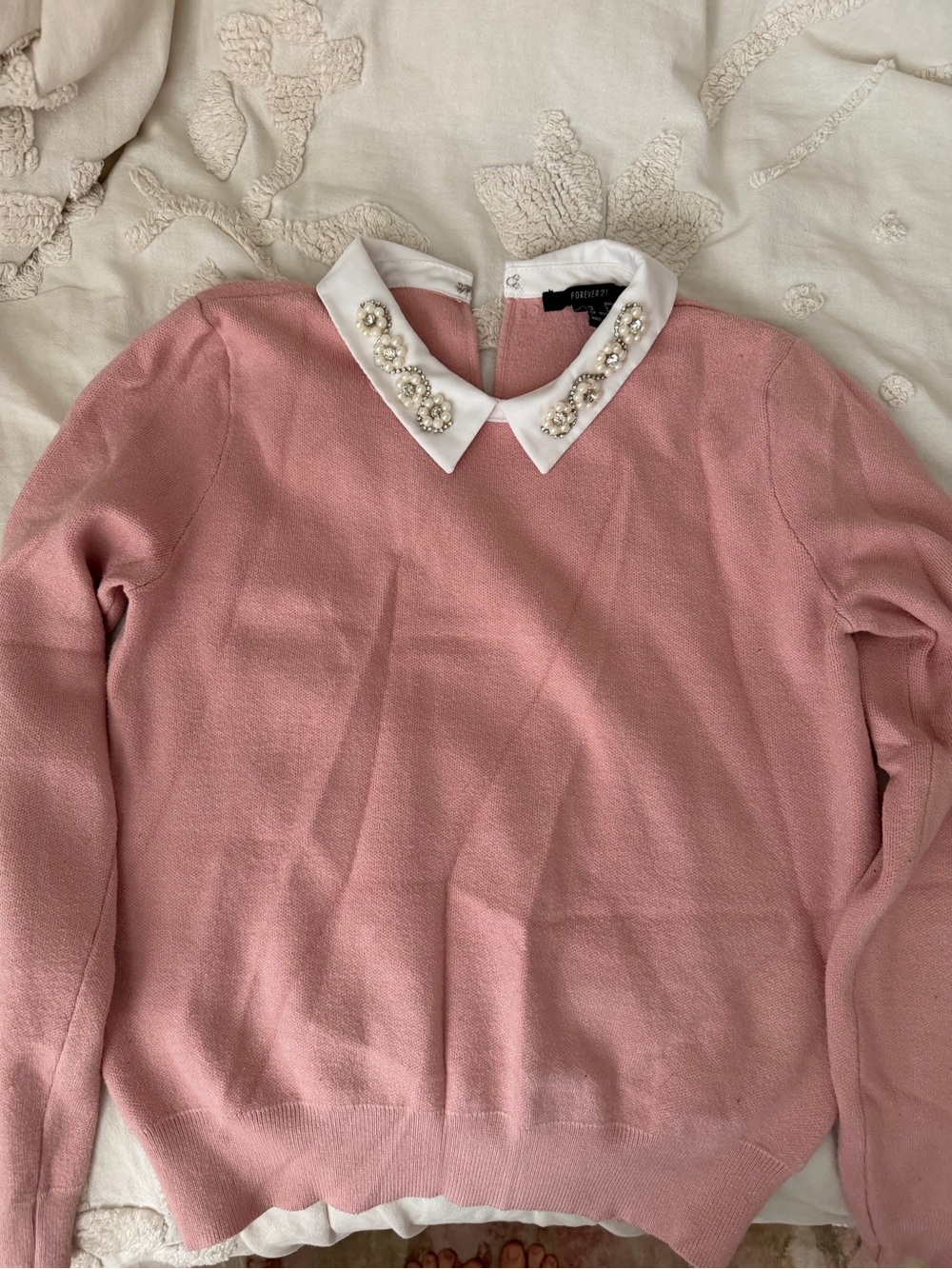 Forever 21 Pink Sweater with Pearl-Embellished White Collar